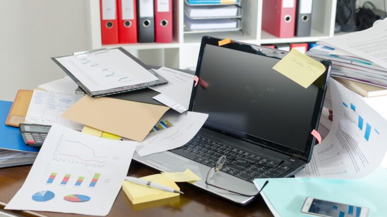 View of a untidy and cluttered desk